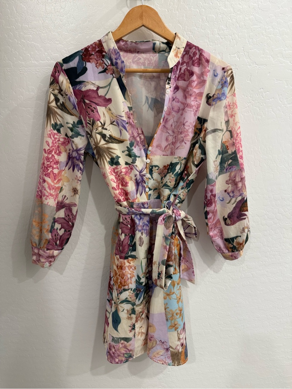 Floral Wrap Dress in Cream, Pink, Purple and Green